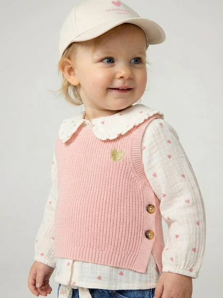 Sleeveless jumper for babies ecru+navy blue+rosy 