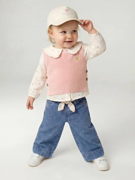 Sleeveless jumper for babies ecru+navy blue+rosy 