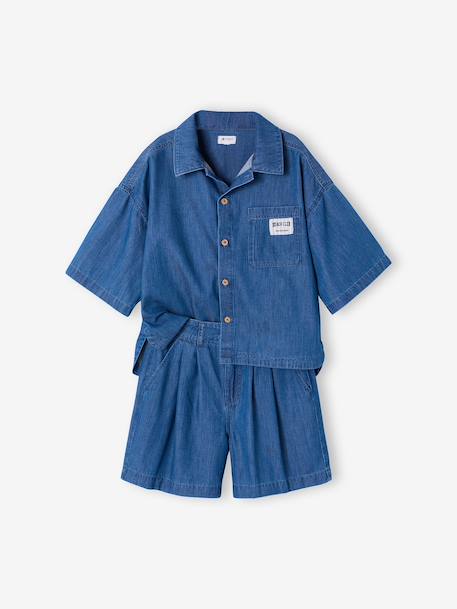 Lightweight denim girl's shirt and short set medium blue 