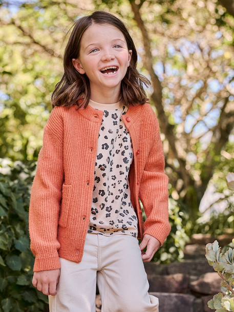 Girl's fine knit fluffy cardigan coral+marl grey+peony pink 