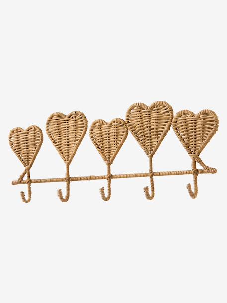 Rattan hearts 5-hook rack wood 