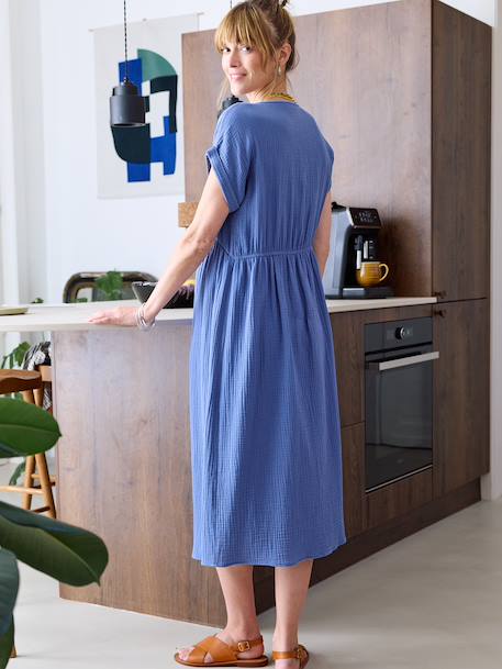 Long maternity and nursing dress grey blue+rose 