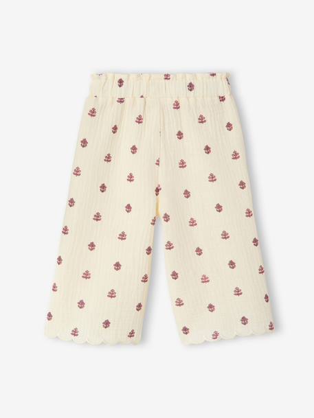 Wide-leg trousers for baby girls in cotton gauze ecru 