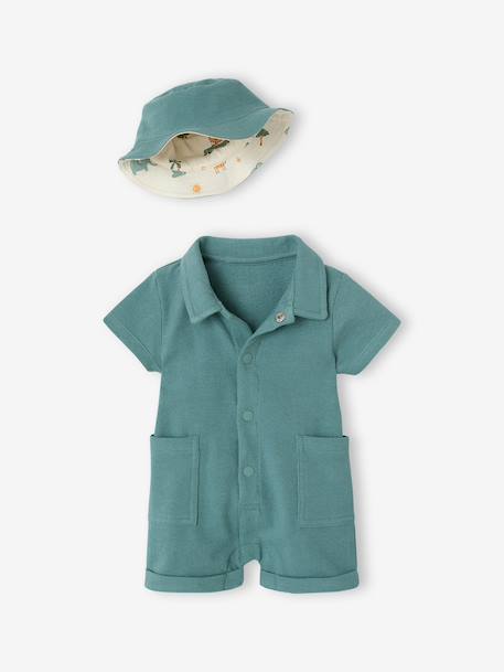 Set of jumpsuit and reversible bucket hat emerald green 