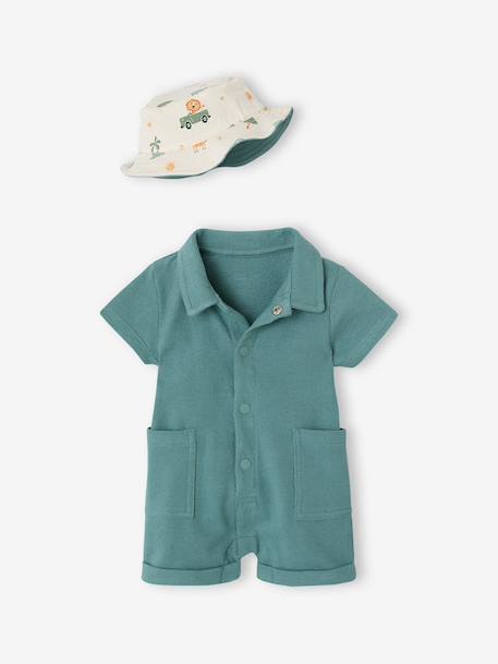 Set of jumpsuit and reversible bucket hat emerald green 
