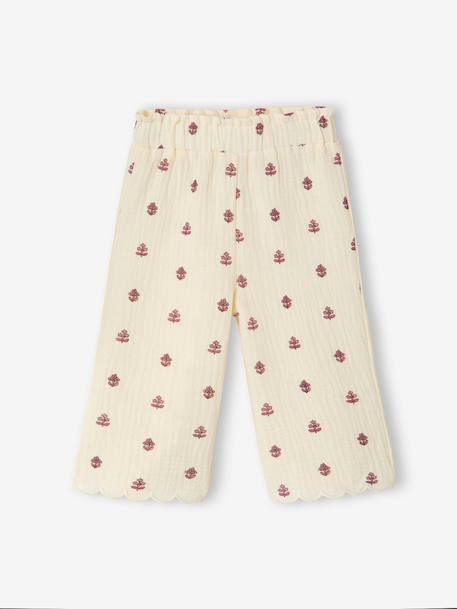 Wide-leg trousers for baby girls in cotton gauze ecru 