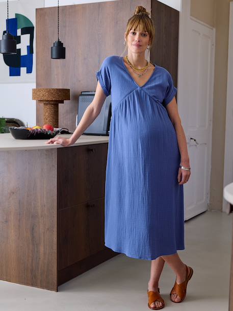 Long maternity and nursing dress grey blue+rose 