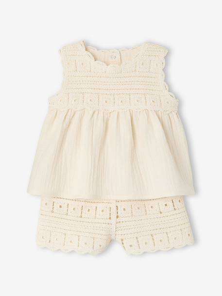 Crochet top and shorts set for baby girls ecru 
