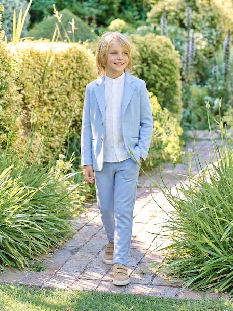 Ceremony suit with Mao collar shirt, jacket and trousers for boys aqua green+beige+sky blue 