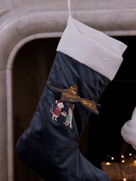Mouse and Rabbit Christmas Stocking in Velour green 