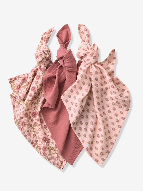 Pack of 3 cotton muslin squares for baby printed pink 