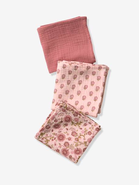 Pack of 3 cotton muslin squares for baby printed pink 