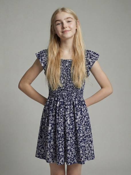 Smocked print dress navy blue 