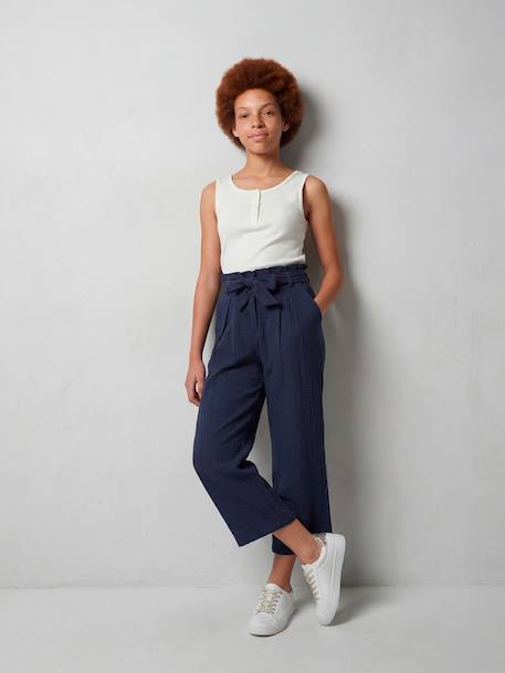 Jonen girl's cotton gauze trousers ink blue+khaki 