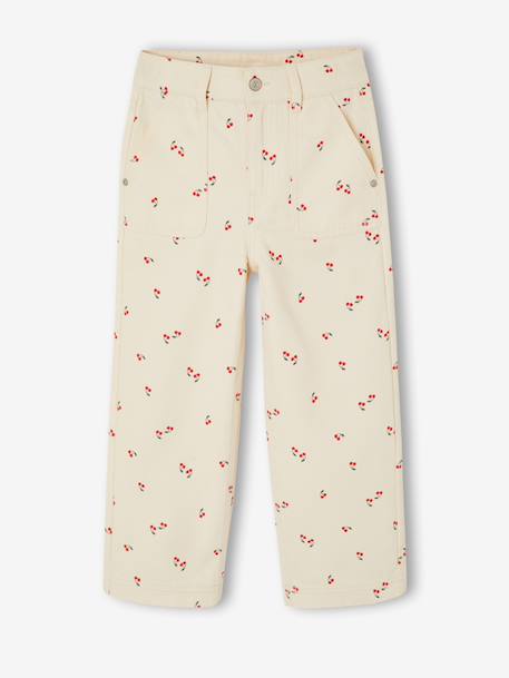 Girl's wide-leg cherry print cotton trousers vanilla 