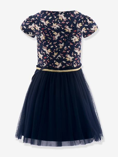 Happy Girls dress with tulle skirt and unicorn bag for girl deep blue 