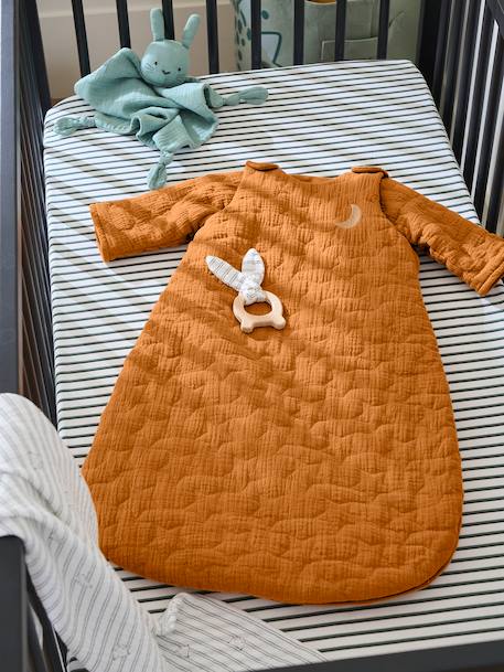 Quilted Baby Sleep Bag with Removable Sleeves in Organic Cotton* Gauze, Dream Nights caramel+Dark Blue+ecru 