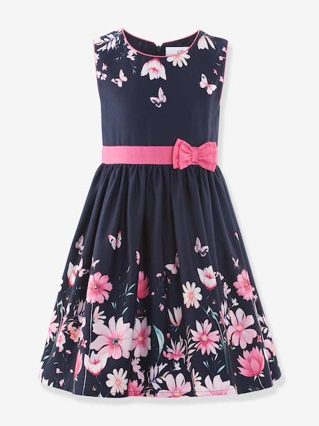 Festive floral dress with bows by Happy Girls for girl blue+ecru 