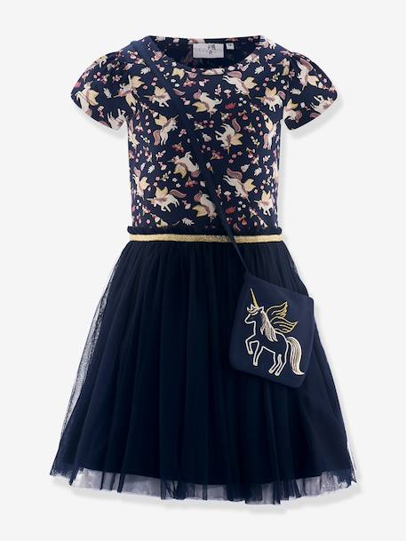 Happy Girls dress with tulle skirt and unicorn bag for girl deep blue 