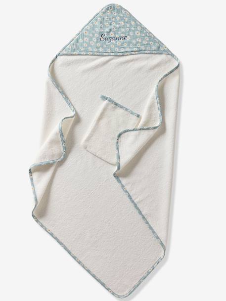 Customisable cotton muslin bath cape and wash mitt MARGUERITE printed blue 