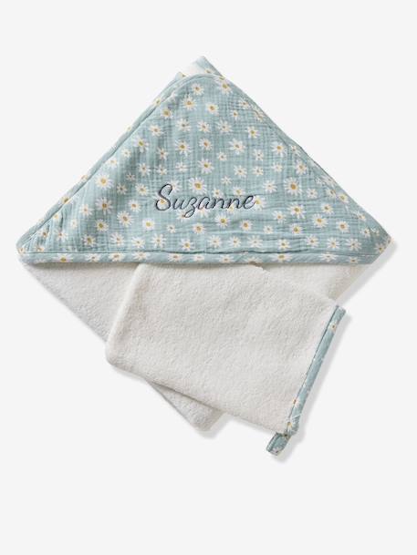 Customisable cotton muslin bath cape and wash mitt MARGUERITE printed blue 