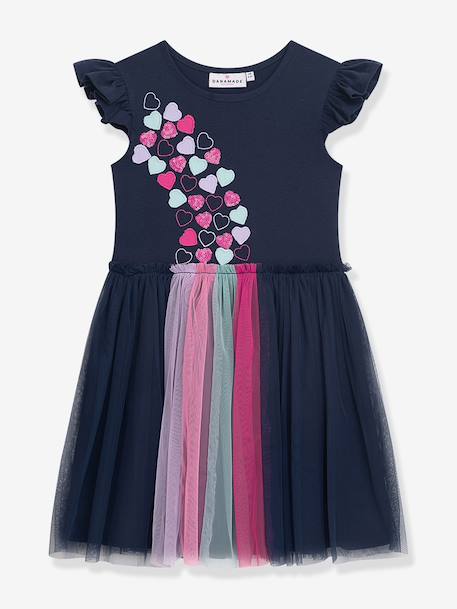 Flutter-sleeve dress with tulle skirt, heart appliqué DANAMADE for girl navy blue 