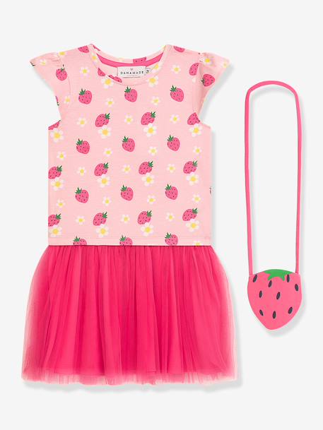 Dress with strawberry crossbody bag, pink tulle skirt DANAMADE for girl rose 