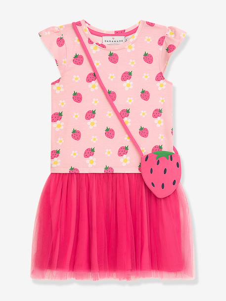 Dress with strawberry crossbody bag, pink tulle skirt DANAMADE for girl rose 