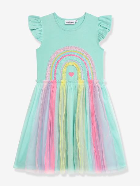 Dress with rainbow tulle skirt and frilled sleeves DANAMADE for girl candy pink+turquoise 