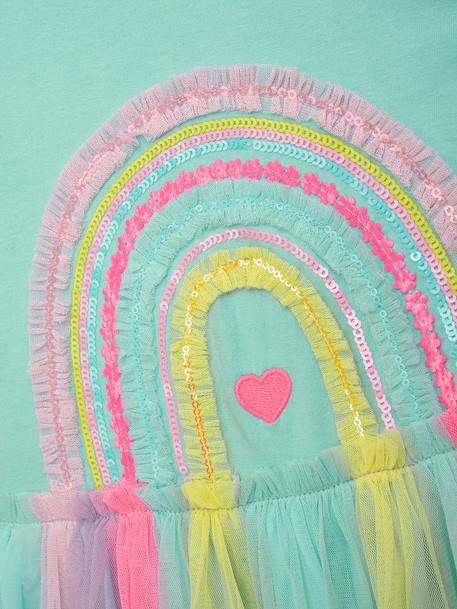 Dress with rainbow tulle skirt and frilled sleeves DANAMADE for girl candy pink+turquoise 