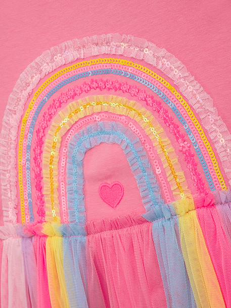 Dress with rainbow tulle skirt and frilled sleeves DANAMADE for girl candy pink+turquoise 