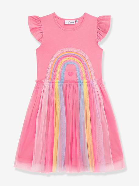 Dress with rainbow tulle skirt and frilled sleeves DANAMADE for girl candy pink+turquoise 