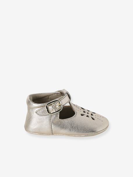 Leather baby slippers gold+white 