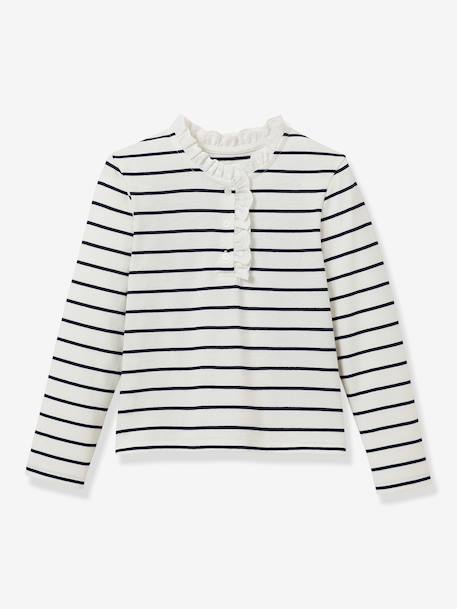 Girl's long-sleeved striped T-shirt navy blue 