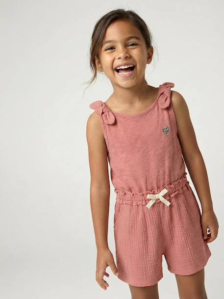 Two-fabric playsuit for girls old rose+slate grey 