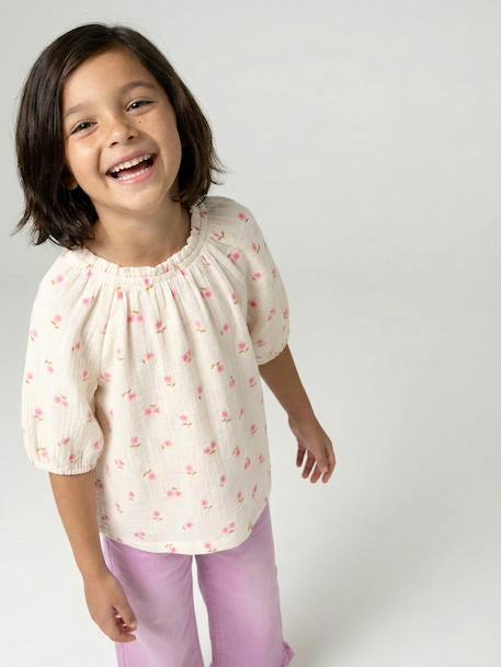 Girl's cotton gauze blouse ecru+sage green+vanilla 