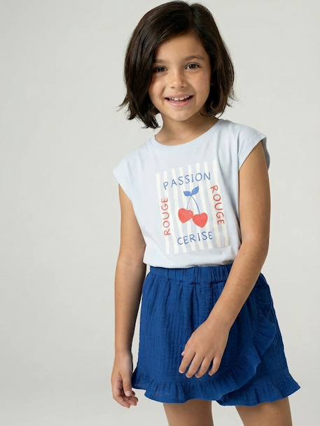 Girls' cropped t-shirt with short, padded sleeves pale blue+pale pink 