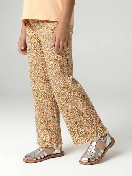 Girls' ribbed knit leggings beige+ecru+printed white 
