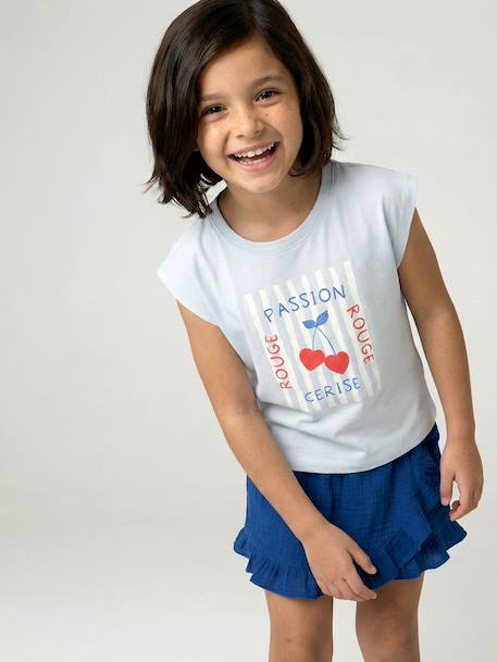 Girls' cropped t-shirt with short, padded sleeves pale blue+pale pink 