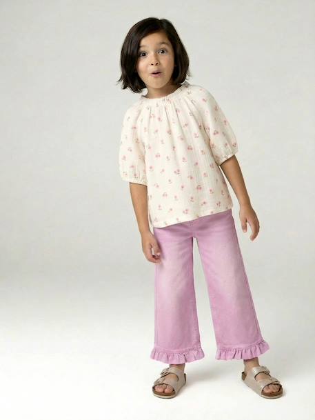 Girl's wide-leg trousers with frills ecru+lilac 