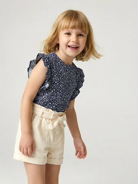 Girl's short-sleeved t-shirt with frills navy blue+sage green 