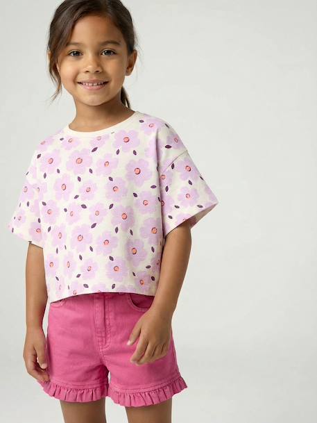 Cropped short-sleeved T-shirt for girls beige+ecru+rosy+striped violet 
