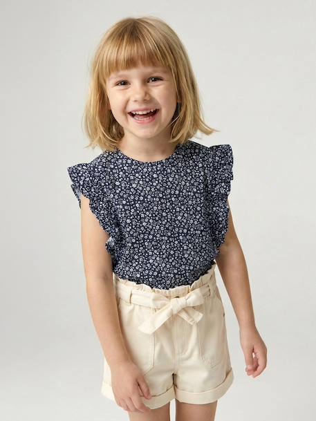 Girl's short-sleeved t-shirt with frills navy blue+sage green 