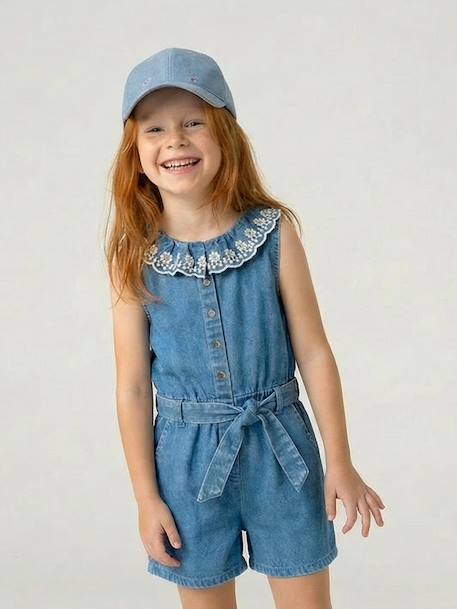 Embroidered Cap for Girls denim blue+ecru 