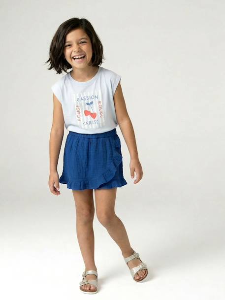 Girl's cotton gauze skort electric blue+red 