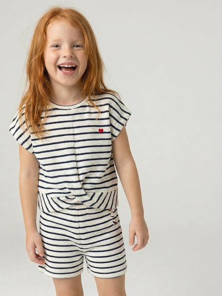 Fancy Knit T-Shirt & Shorts Set for Girls ecru+rose 