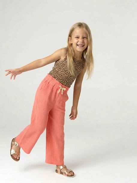 Wide-leg cotton muslin trousers grey green+rose 