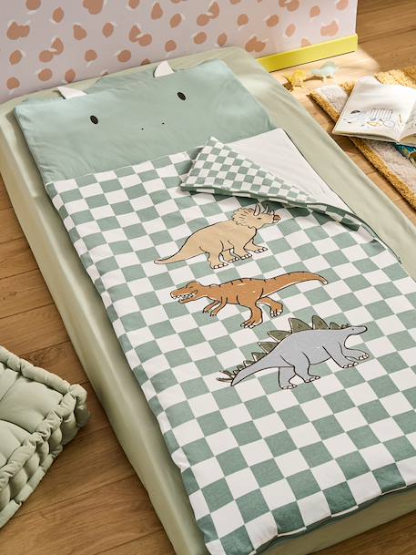 Dinosaur sleeping bag for children chequered green 