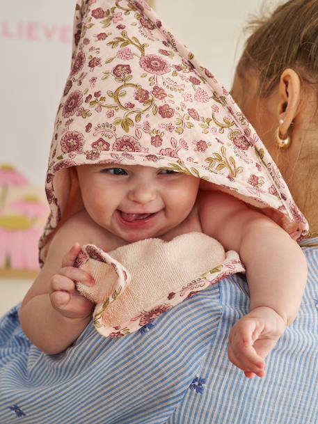 Hooded towel and mitt by LATIKA printed pink 