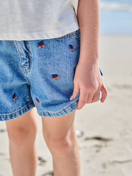 Embroidered girl's short medium blue+rose+sage green 